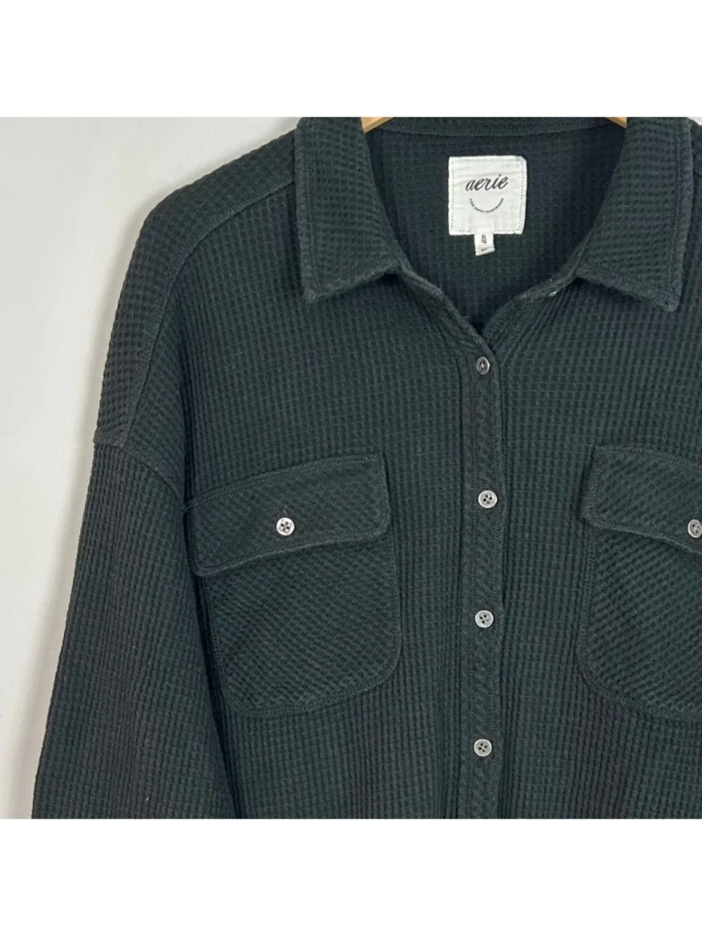 Aerie Waffle Lumber Jane Button Front Shirt Black Oversized Size XL Women's - Picture 2 of 5